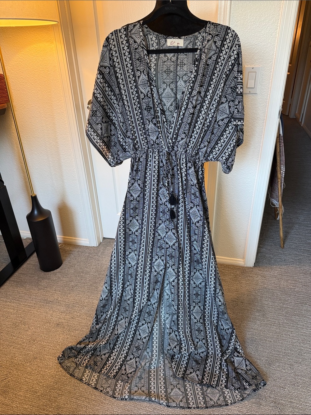 Elan Boho Black & White Maxi Dress with Tassel Tie